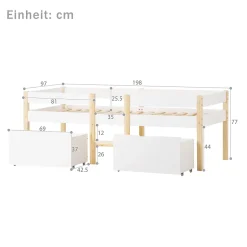 Okwish Lit cabane 90x190 cm - Lit mi-hauteur avec protection antichute et 2 tiroirs - Bois massif - Sans Matelas - Blanc Best