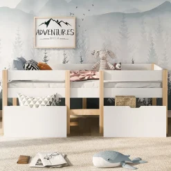 Okwish Lit cabane 90x200 cm - Lit mi-hauteur avec protection antichute et 2 tiroirs - Bois massif - Sans Matelas - Blanc