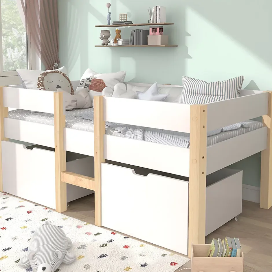 Okwish Lit cabane 90x200 cm - Lit mi-hauteur avec protection antichute et 2 tiroirs - Bois massif - Sans Matelas - Blanc