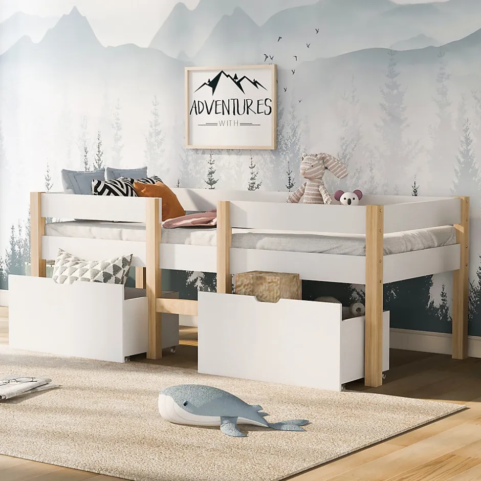 Okwish Lit cabane 90x200 cm - Lit mi-hauteur avec protection antichute et 2 tiroirs - Bois massif - Sans Matelas - Blanc
