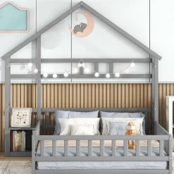 ProximaX Lit cabane 140x200 cm avec table de chevet, barrières de sécurité, sommier à lattes, cadre en bois, gris