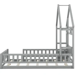 ProximaX Lit cabane 140x200 cm avec table de chevet, barrières de sécurité, sommier à lattes, cadre en bois, gris