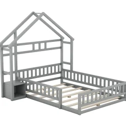 ProximaX Lit cabane 140x200 cm avec table de chevet, barrières de sécurité, sommier à lattes, cadre en bois, gris