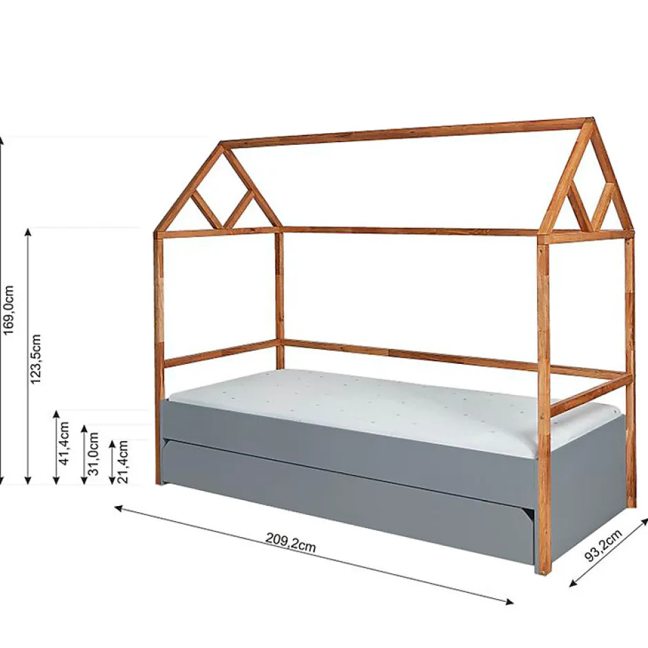 Enfant Petits-Meubles Lit cabane 90x200 sommier et tiroir inclus Bellamy Lotta Gris
