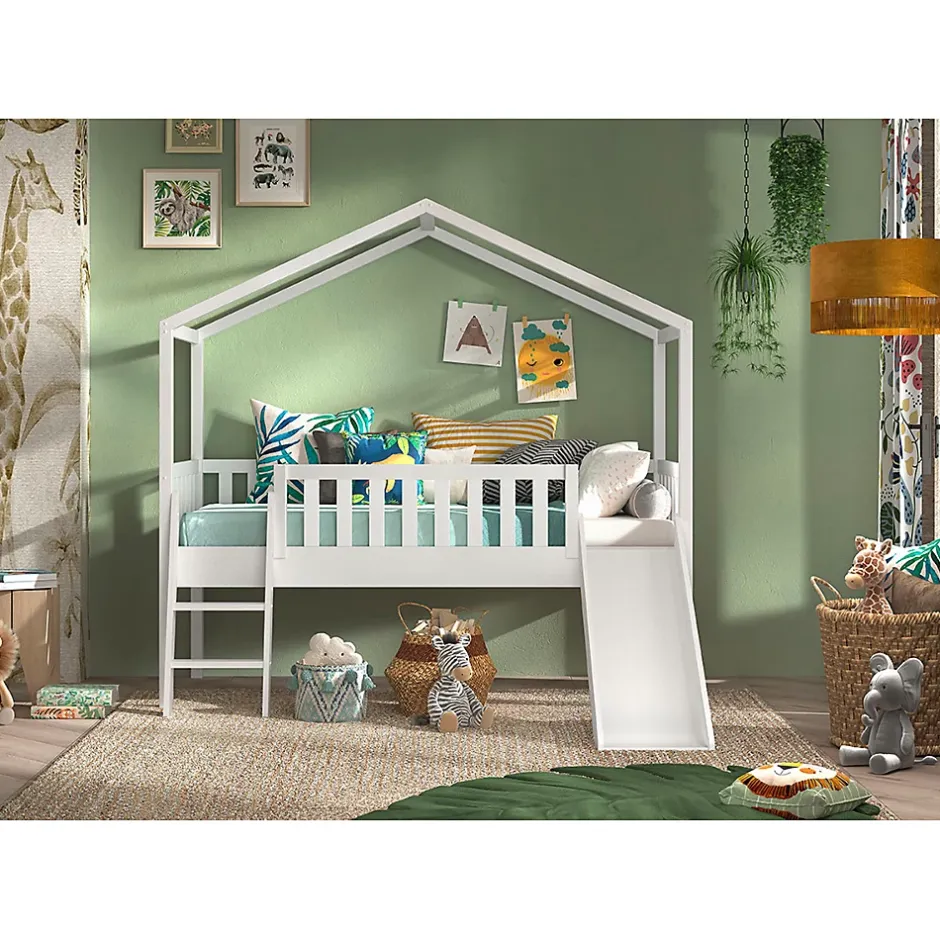 Petits-Meubles Lit cabane 90x200 toboggan sommier inclus Vipack Dallas Blanc New