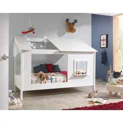 Enfant Petits-Meubles Lit Cabane 90x200 toit semi-ouvert et fenêtre Sommier inclus Vipack HouseBed - Blanc