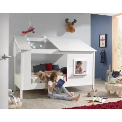 Enfant Petits-Meubles Lit Cabane 90x200 toit semi-ouvert et fenêtre Sommier inclus Vipack HouseBed - Blanc