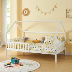 [En.Casa] Lit cabane Ydre bois de pin 120 x 200 cm blanc en.casa Clearance