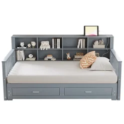 Redom Lit canapé extensible bois massif 90 180 par 190 cm rangement prise deux tiroirs sommier multifonction pin gris 1 Outlet