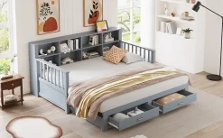 Redom Lit canapé extensible bois massif 90 180 par 190 cm rangement prise deux tiroirs sommier multifonction pin gris 1 Outlet