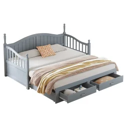 Redom Lit canapé extensible pin 90 190 par 180 190 colonnes dossier accoudoirs tiroirs sommier multifonction gris