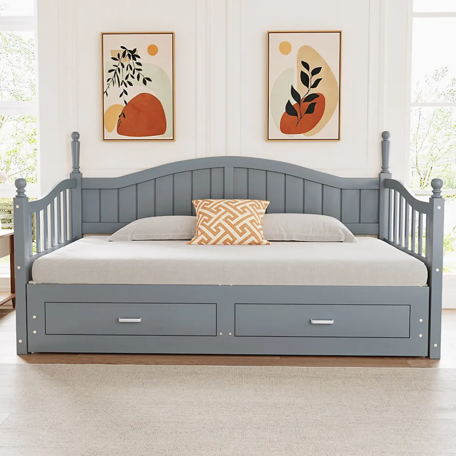 Redom Lit canapé extensible pin 90 190 par 180 190 colonnes dossier accoudoirs tiroirs sommier multifonction gris