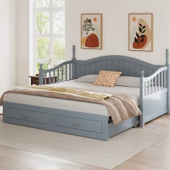 Redom Lit canapé extensible pin 90 190 par 180 190 colonnes dossier accoudoirs tiroirs sommier multifonction gris