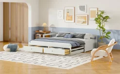 Redom Lit canapé extensible quatre vingt dix cent quatre vingt par deux cents bois de pin avec tiroirs sommier rangement blanc Hot