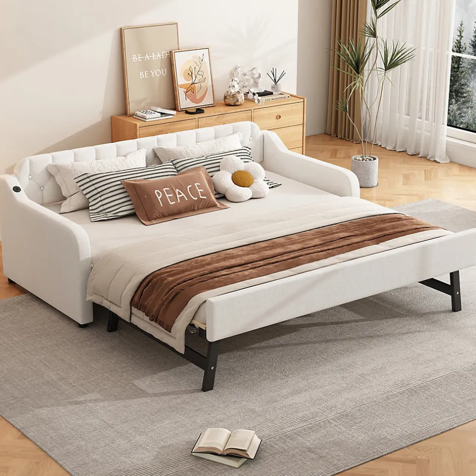 Enfant Fortuna lai Lit Canapé 90x200cm, Avec Lit Escamotable, USB, Beige