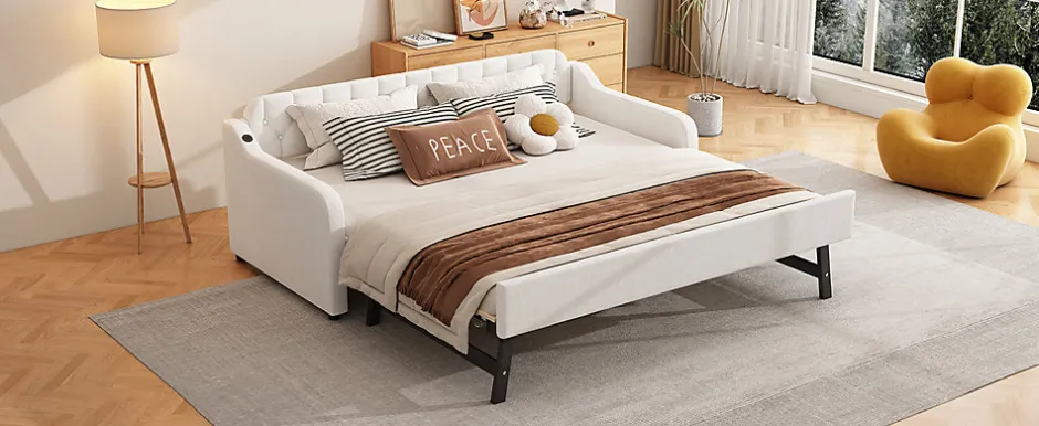 Enfant Fortuna lai Lit Canapé 90x200cm, Avec Lit Escamotable, USB, Beige