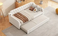 Enfant Fortuna lai Lit Canapé 90x200cm, Avec Lit Escamotable, USB, Beige