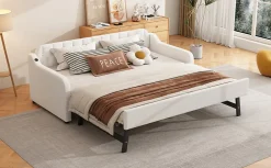 Enfant Fortuna lai Lit Canapé 90x200cm, Avec Lit Escamotable, USB, Beige
