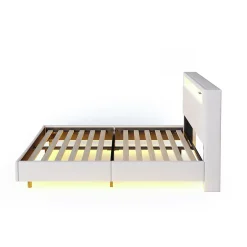Redom Lit capitonné 140 sur 200 cm avec port USB lumière LED tête de lit réversible tissu en lin beige pour adulte Discount