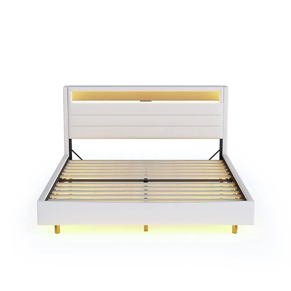 Redom Lit capitonné 140 sur 200 cm avec port USB lumière LED tête de lit réversible tissu en lin beige pour adulte Discount