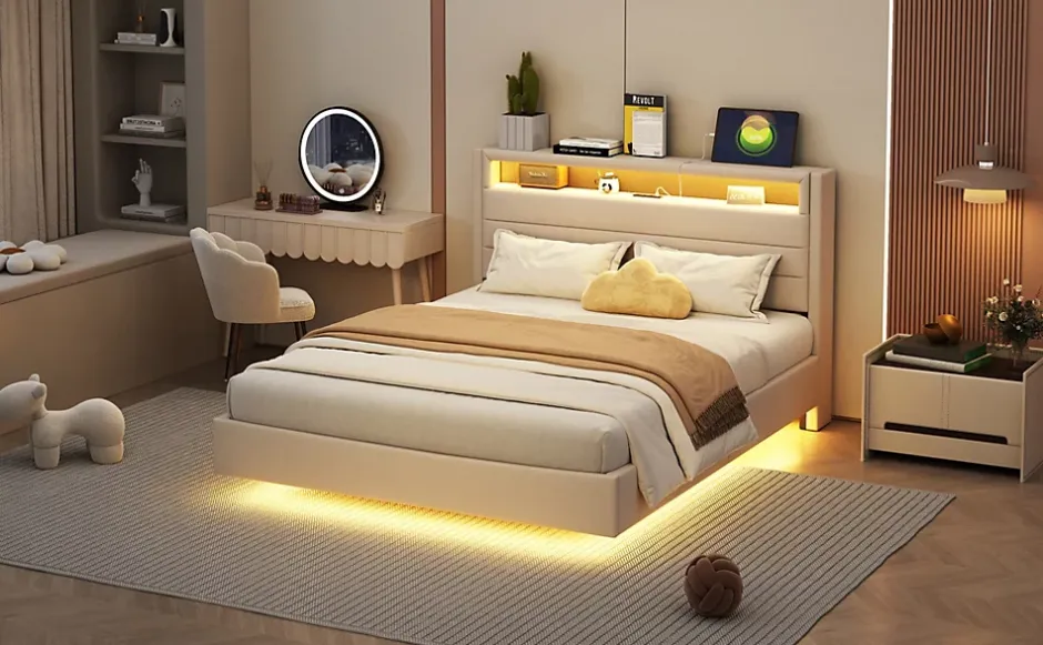Redom Lit capitonné 140 sur 200 cm avec port USB lumière LED tête de lit réversible tissu en lin beige pour adulte Discount