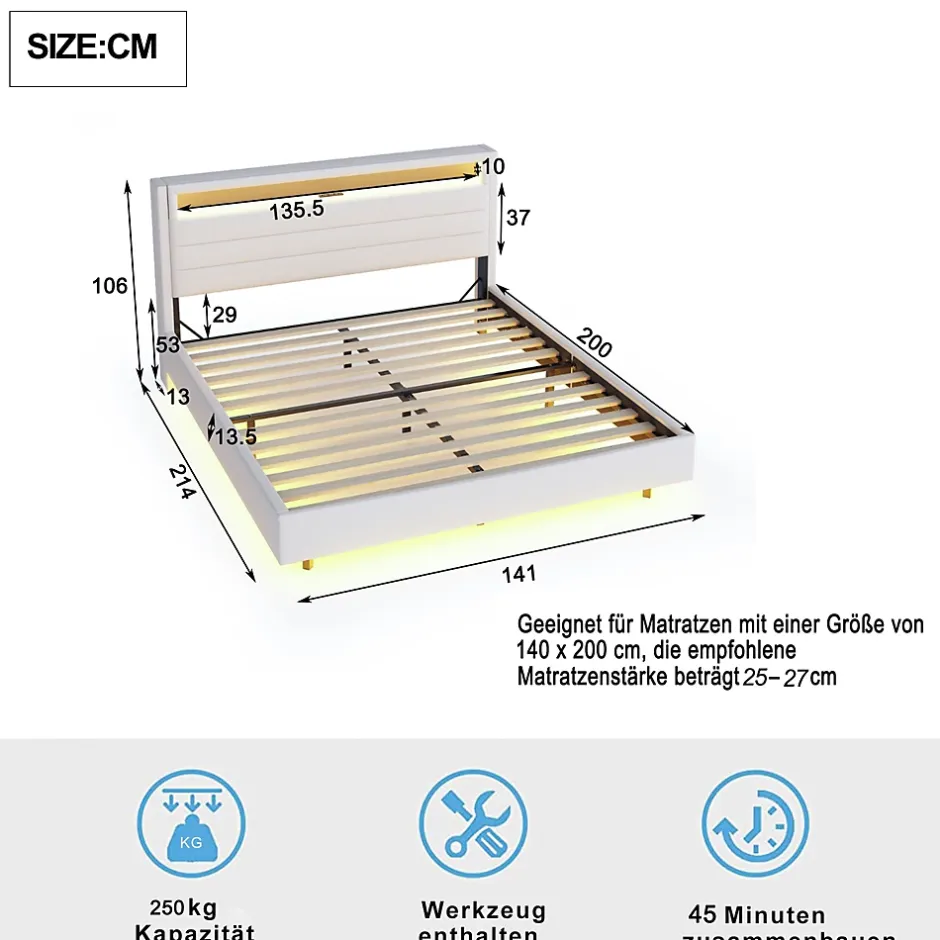 Redom Lit capitonné 140 sur 200 cm avec port USB lumière LED tête de lit réversible tissu en lin beige pour adulte Discount