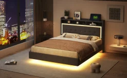 Redom Lit capitonné 140 sur 200 cm avec port USB lumière LED tête de lit modulable pieds cachés tissu en lin gris