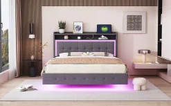 Redom Lit capitonné 140 sur 200 cm avec port USB lumière LED tête de lit modulable pieds cachés tissu en lin gris