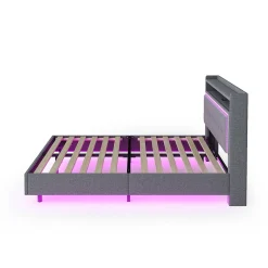 Redom Lit capitonné 140 sur 200 cm avec port USB lumière LED tête de lit modulable pieds cachés tissu en lin gris