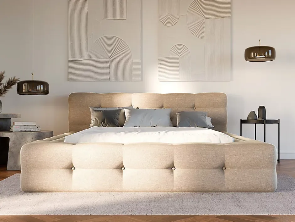 Vente-unique Lit capitonné 160 x 200 cm - Tissu chiné - Beige - LERUCO New