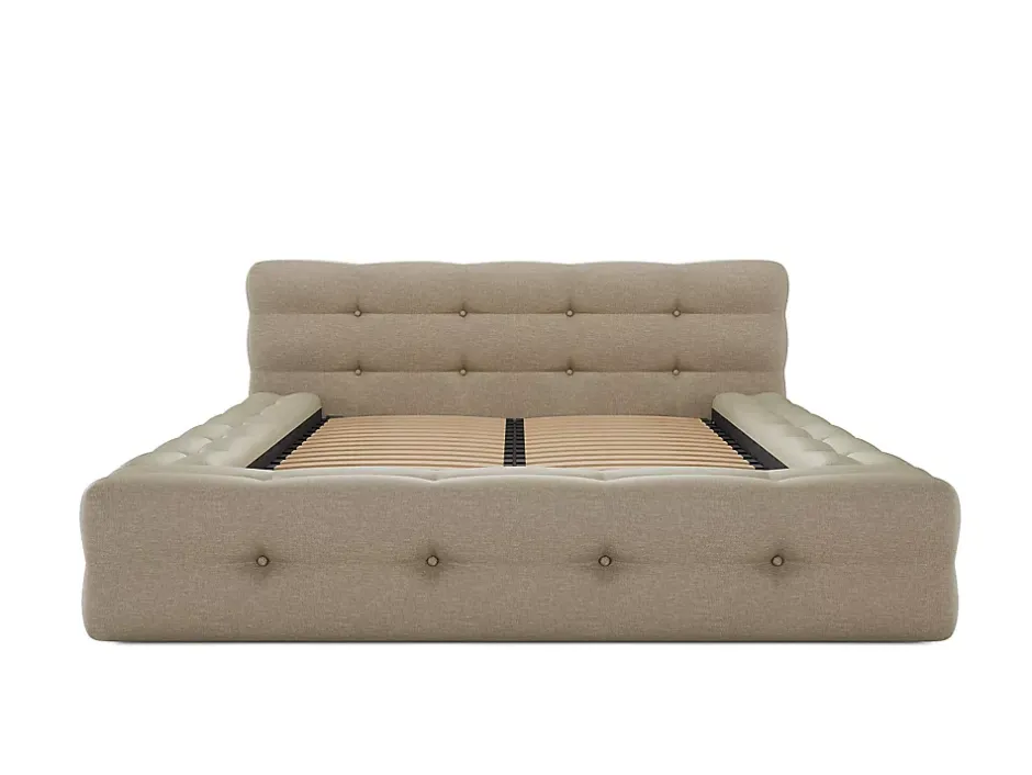 Vente-unique Lit capitonné 140 x 190 cm - Tissu chiné - Beige + Sommier + Matelas - LERUCO New