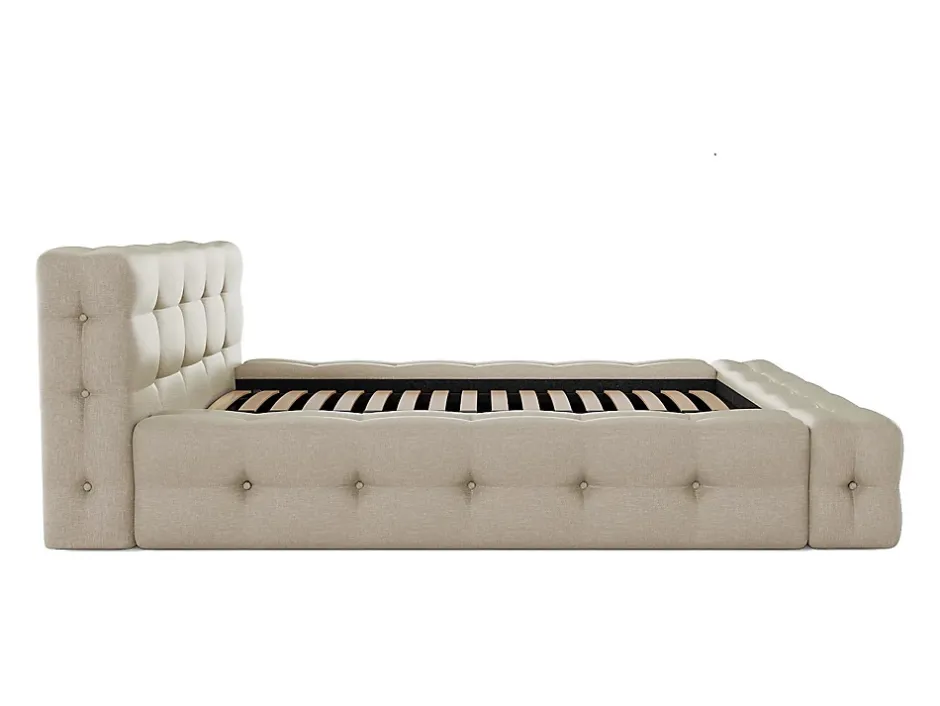 Vente-unique Lit capitonné 140 x 190 cm - Tissu chiné - Beige + Sommier + Matelas - LERUCO New