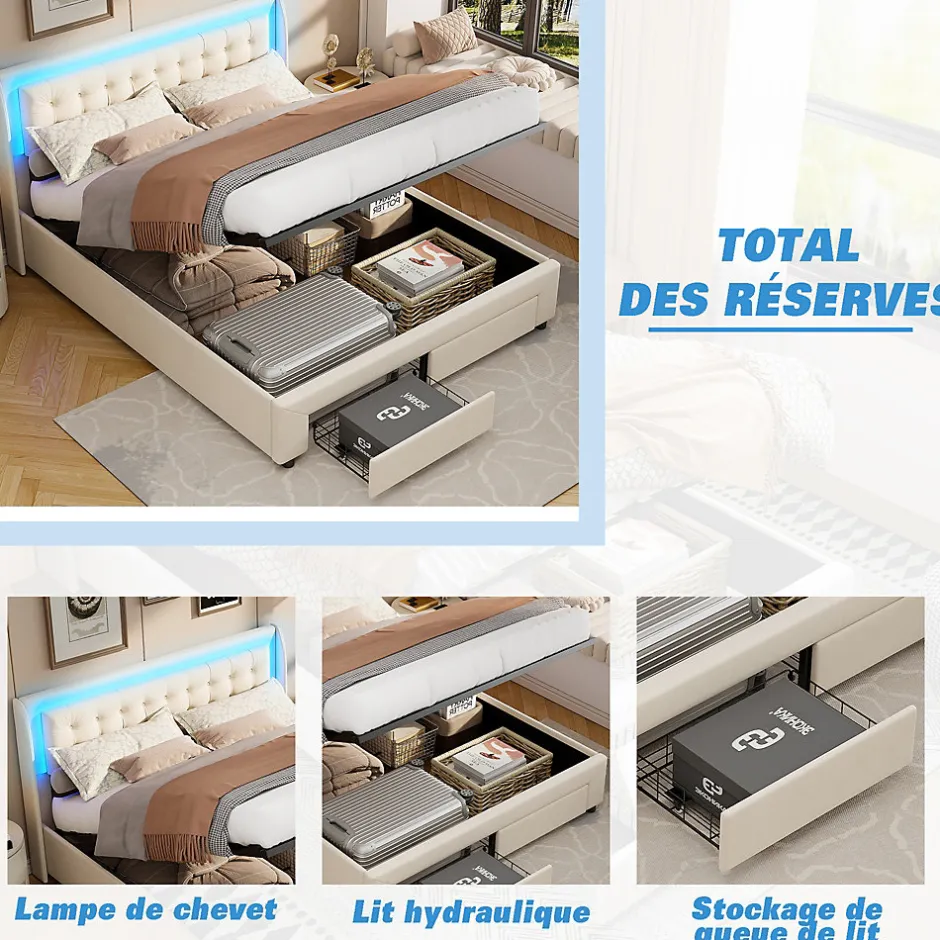 Fortuna lai Lit capitonné, 180 x 200 cm, avec éclairage LED, espace de rangement et sommier à lattes, en cuir synthétique,sans matelas