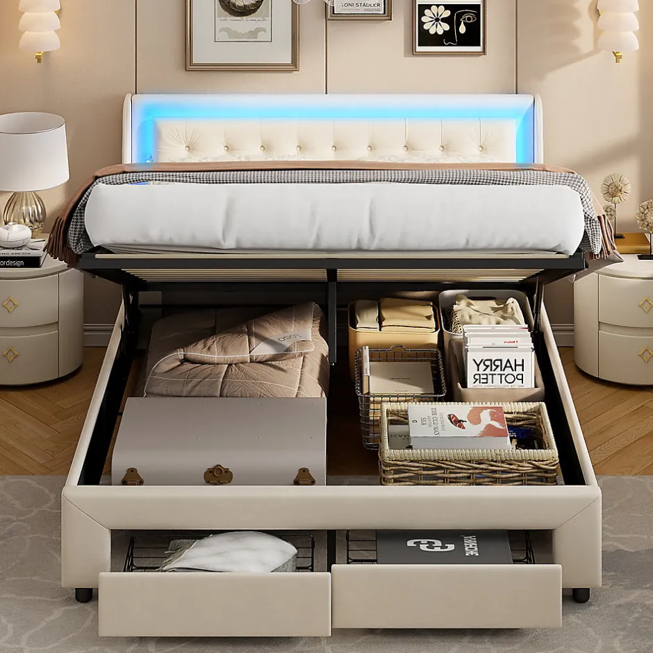 Fortuna lai Lit capitonné, 180 x 200 cm, avec éclairage LED, espace de rangement et sommier à lattes, en cuir synthétique,sans matelas