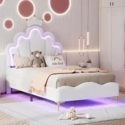 Simple Life Lit Capitonné 90 X 200 Cm,en Forme De Couronne,en Cuir Pu,lit LED Avec Sommier à Lattes,blanc Sale