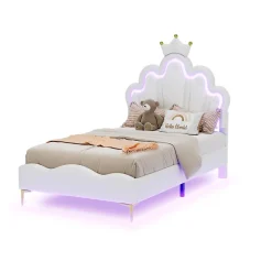 Simple Life Lit Capitonné 90 X 200 Cm,en Forme De Couronne,en Cuir Pu,lit LED Avec Sommier à Lattes,blanc Sale