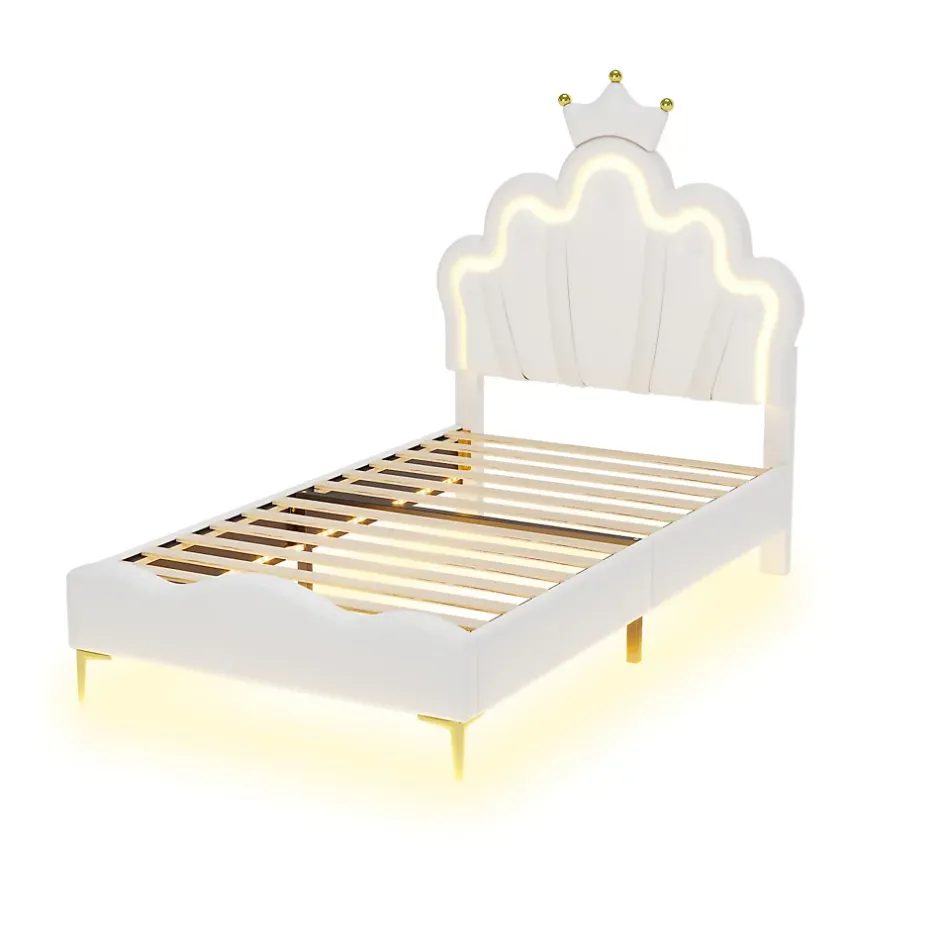 Simple Life Lit Capitonné 90 X 200 Cm,en Forme De Couronne,en Cuir Pu,lit LED Avec Sommier à Lattes,blanc Sale