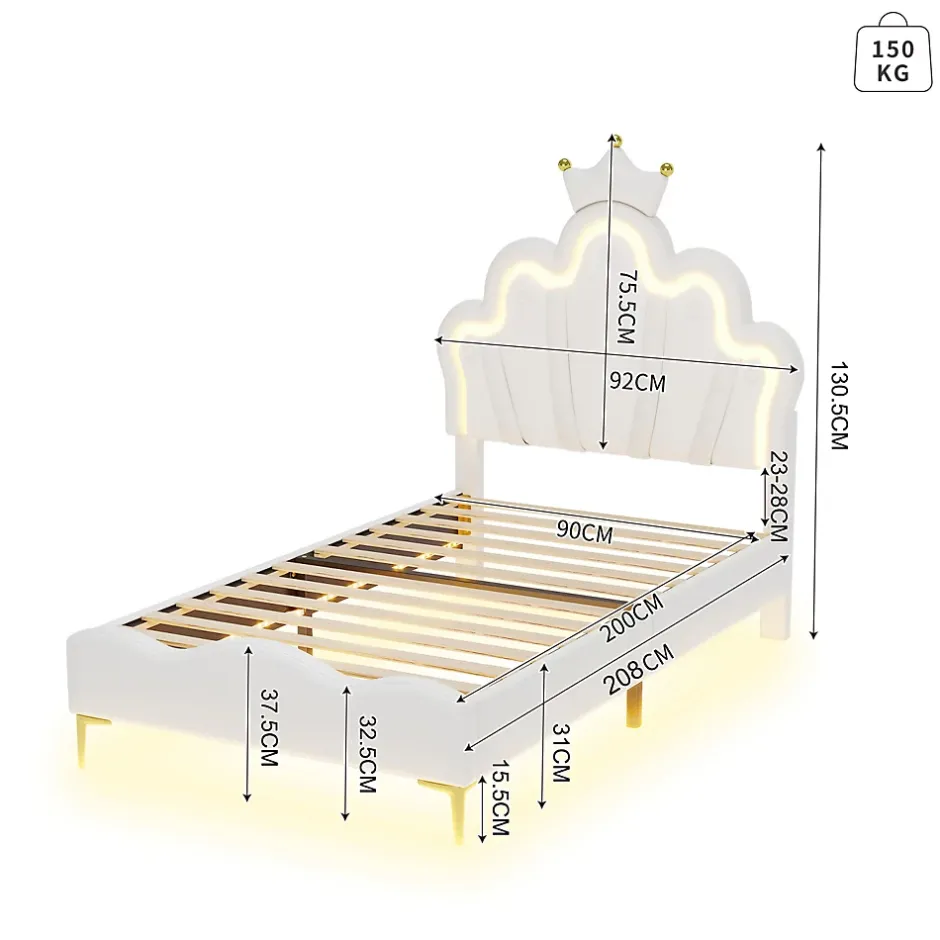 Simple Life Lit Capitonné 90 X 200 Cm,en Forme De Couronne,en Cuir Pu,lit LED Avec Sommier à Lattes,blanc Sale