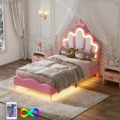 Simple Life Lit Capitonné 90 X 200 Cm,en Forme De Couronne,en Cuir Pu,lit LED Avec Sommier à Lattes,rose