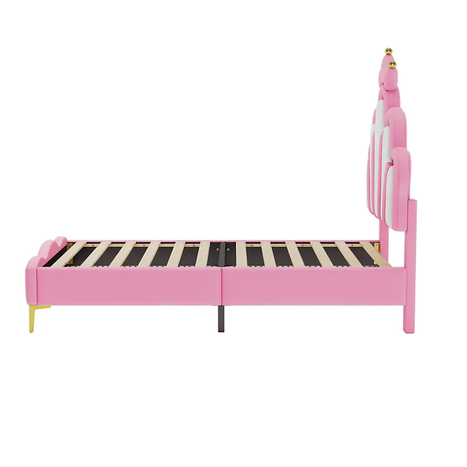Simple Life Lit Capitonné 90 X 200 Cm,en Forme De Couronne,en Cuir Pu,lit LED Avec Sommier à Lattes,rose