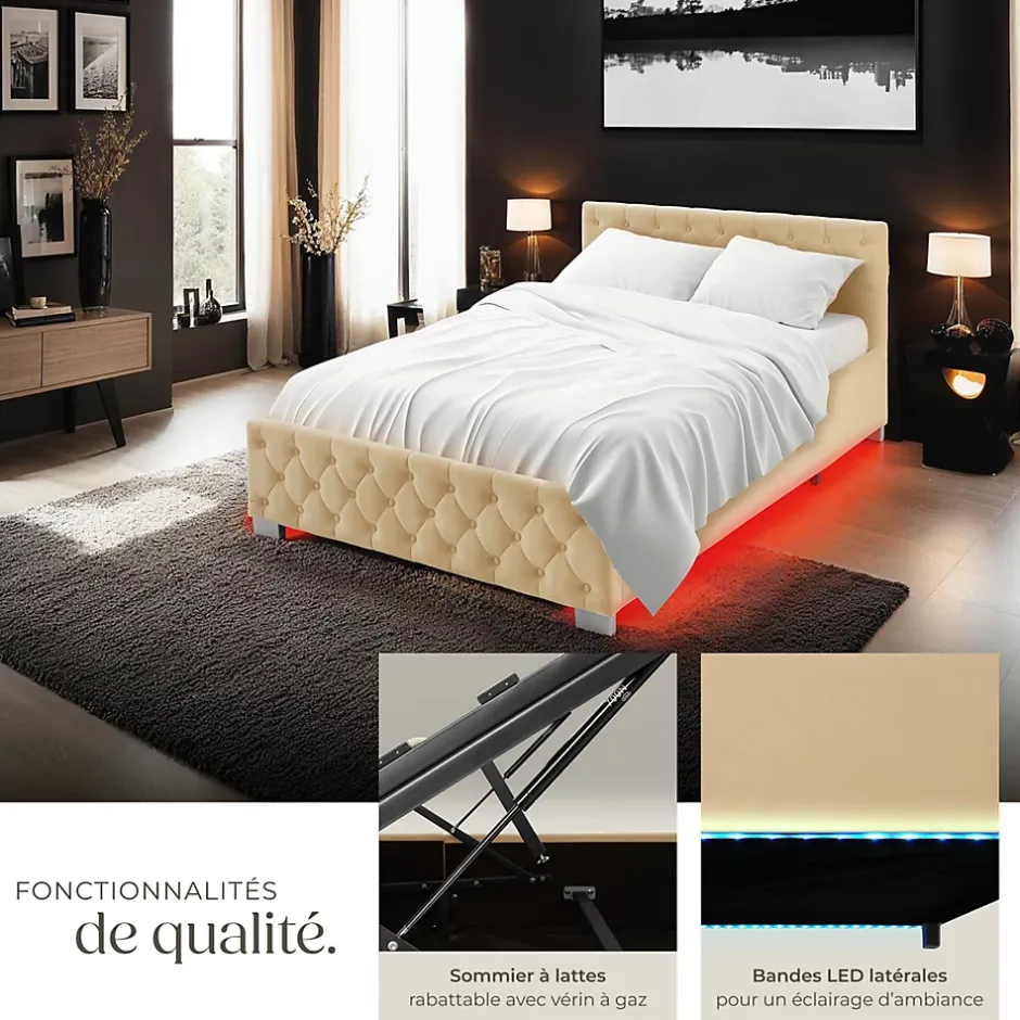 Tectake Lit capitonné avec bandes LED et espace de rangement 140x200 beige Sale