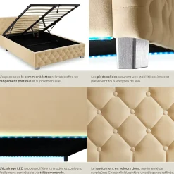 Tectake Lit capitonné avec bandes LED et espace de rangement 140x200 beige Sale
