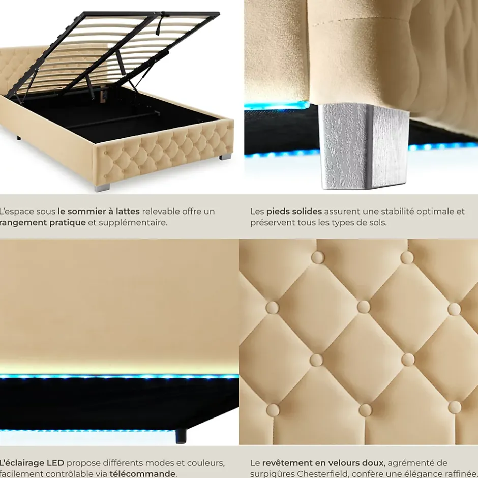 Tectake Lit capitonné avec bandes LED et espace de rangement 140x200 beige Sale