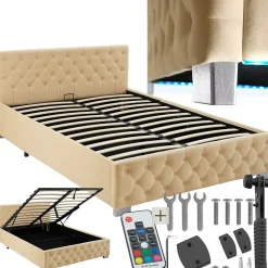Tectake Lit capitonné avec bandes LED et espace de rangement 140x200 beige Sale
