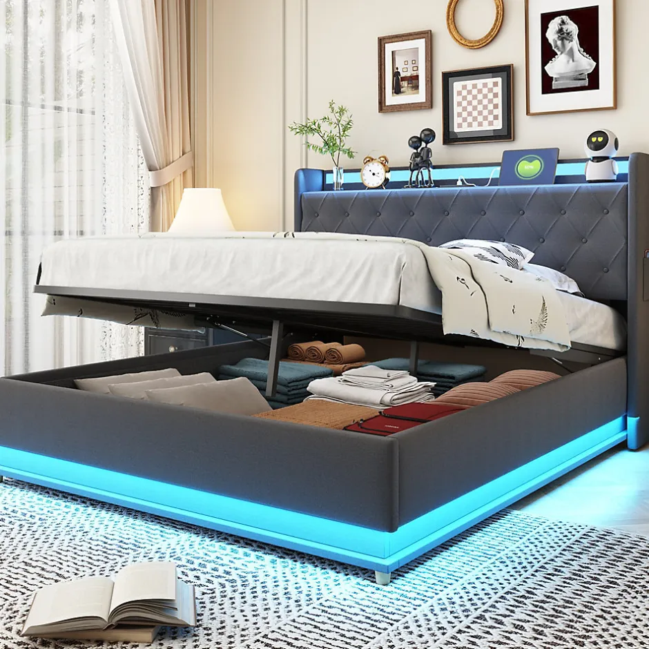 Redom Lit capitonné LED 140 sur 200 cm avec port USB et rangement hydraulique en tissu lin gris doux pour la peau
