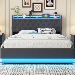 Redom Lit capitonné LED 140 sur 200 cm avec port USB et rangement hydraulique en tissu lin gris doux pour la peau