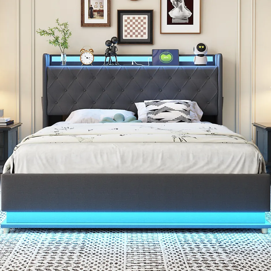 Redom Lit capitonné LED 140 sur 200 cm avec port USB et rangement hydraulique en tissu lin gris doux pour la peau