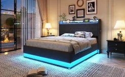 Redom Lit capitonné LED 140 sur 200 cm avec port USB et rangement hydraulique en tissu lin gris doux pour la peau