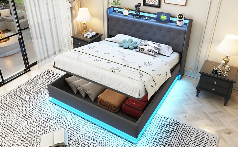 Redom Lit capitonné LED 140 sur 200 cm avec port USB et rangement hydraulique en tissu lin gris doux pour la peau