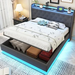 Redom Lit capitonné LED 140 sur 200 cm avec port USB et rangement hydraulique en tissu lin gris doux pour la peau